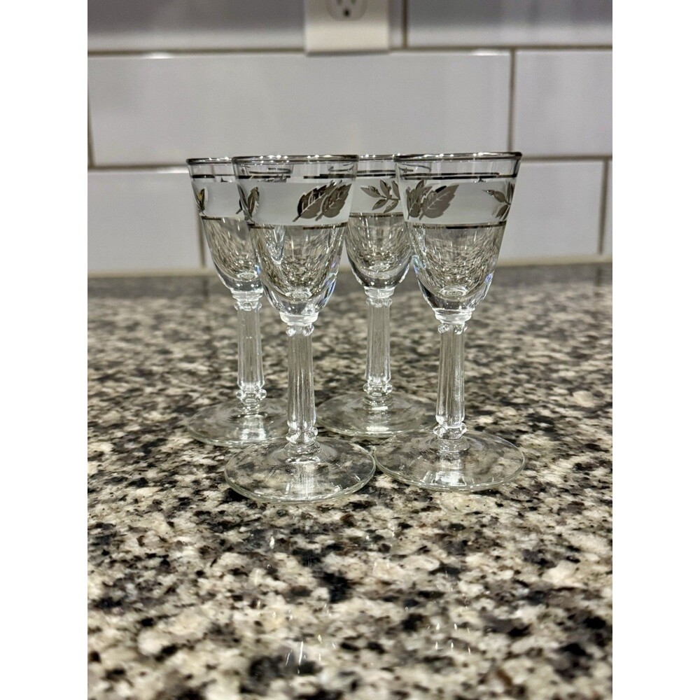 4 LIBBEY SILVER LEAF CORDIAL SHOT GOBLETS FOOTED STEMMED